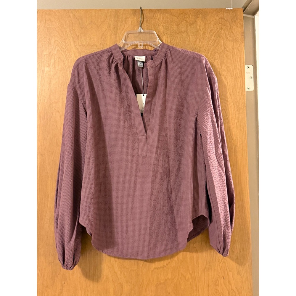 A New Day Popover Blouse Womens Small Mauve Textured Band Collar Bishop Sleeve